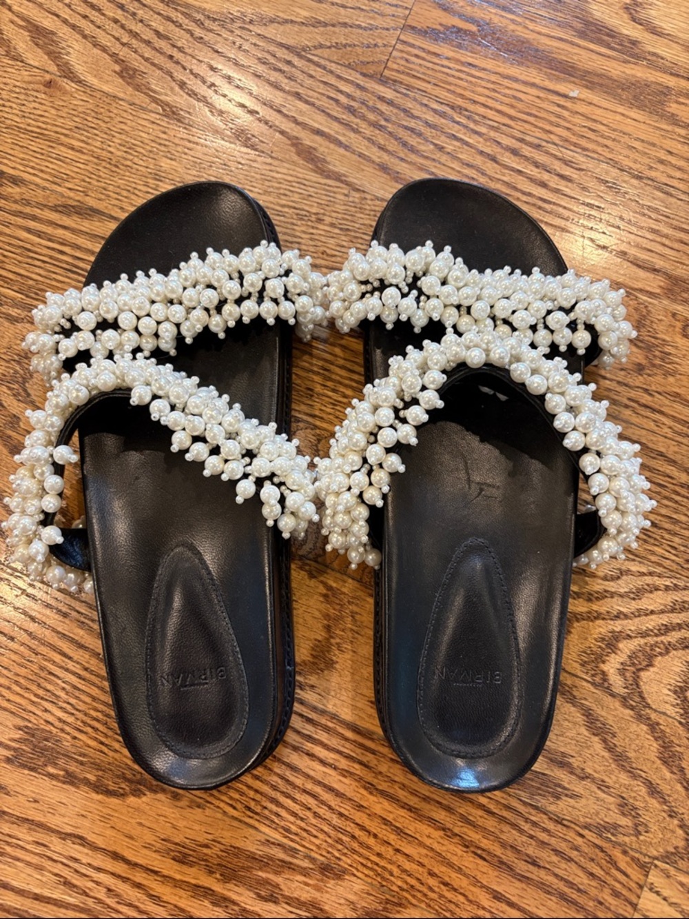 Alexandre Birman Black Slide Sandals with Pearl-Strap Detail